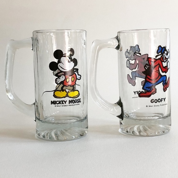Set 2 VTG Disney Goofy Mickey Glass Stein Mug Cup - Picture 3 of 11